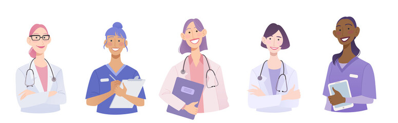 Medical group of doctor, nurse and intern. Female health care team characters avatar. Flat vector illustration