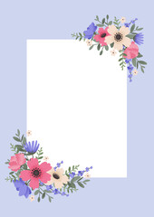 Floral background design with summer flowers. Greeting card with place for text. Template for invitation card with beautiful peonies and anemone flowers. Vector illustration - 420196009