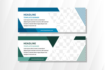 set of horizontal white banners with triangular shapes for a photo. Universal template for a web site with text, buttons and transparent elements. Photo of a mosaic for a sample. green and blue colors