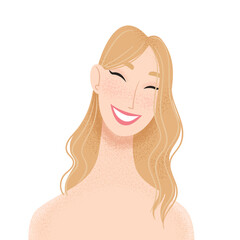 Happy girl portrait. Smiling young woman with blonde hair. Beautiful female avatar for social media. Vector illustration - 420196029