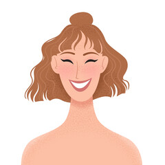 Smiling young woman portrait. Joyful girl with trendy hairstyle. Vector illustration - 420196047