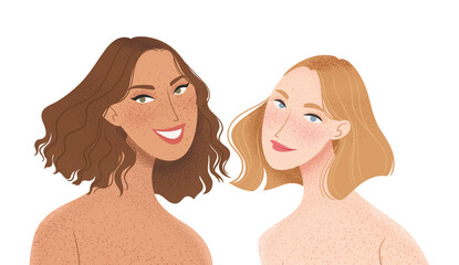 Portrait of two beautiful women. Girlfriends, couple, friends or sisters vector flat concept illustration.  - 420196062