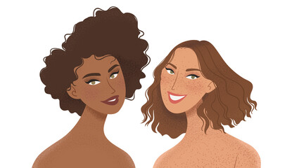 Portrait of two beautiful women. Girlfriends, couple, friends or sisters vector flat concept illustration.  - 420196080
