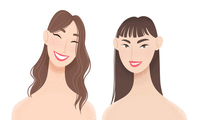 Portrait of two beautiful women. Girlfriends, couple, friends or sisters vector flat concept illustration.  - 420196084