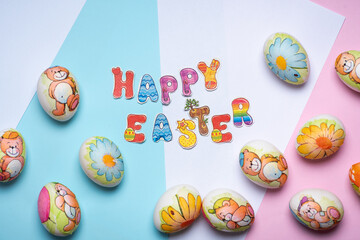 Happy Easter card with colorful painted Easter eggs