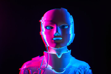 Portrait of futuristic robot. Image with glitch effect.
