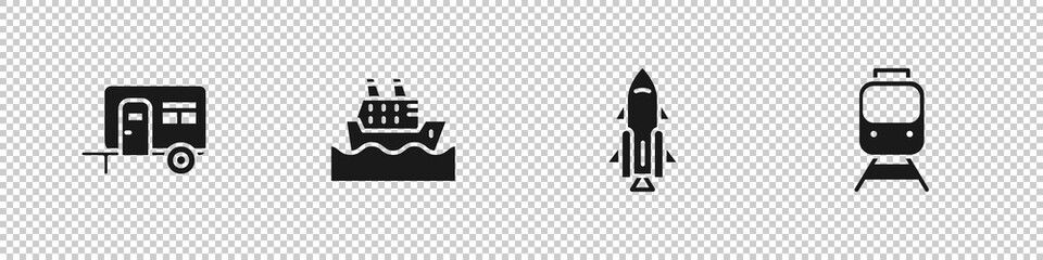 Obraz premium Set Rv Camping trailer, Cruise ship, Rocket with fire and Train and railway icon. Vector