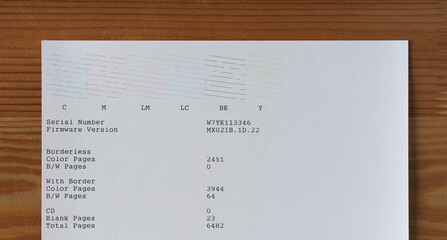 Printer nozzle test with clogged print head. The sheet contains random numerical codes