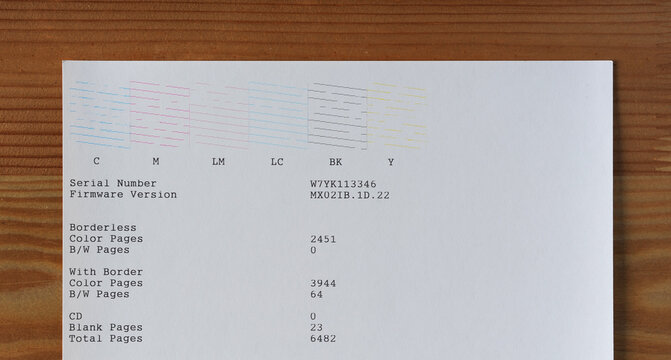 Printer nozzle test with clogged print head. The sheet contains random numerical codes