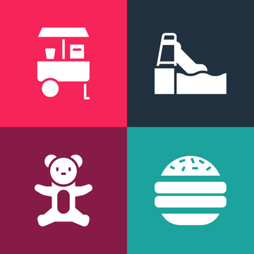 Set pop art Burger, Teddy bear plush toy, Water slide and Fast street food cart icon. Vector