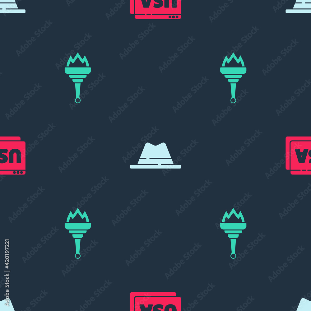 Poster set usa on browser, man hat with ribbon and torch flame on seamless pattern. vector