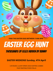 Easter egg hunt poster. Cute cartoon rabbit with eggs Illustration