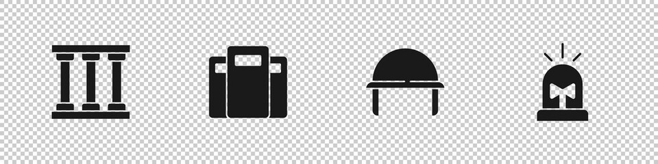 Set Prison window, Police assault shield, Military helmet and Flasher siren icon. Vector