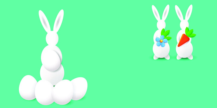 Happy Easter illustration with white bunnies and easter eggs. Festive Easter figures of rabbits