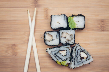 japanese cuisine sushi chopsticks wood cutting board