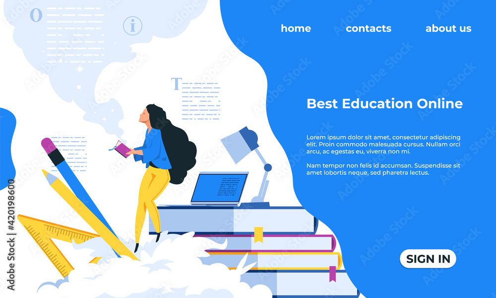 Aufkleber online training landing page. education concept. woman reading books. internet service for studying,