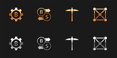 Set Cryptocurrency coin Bitcoin, exchange, Pickaxe and Blockchain technology icon. Vector