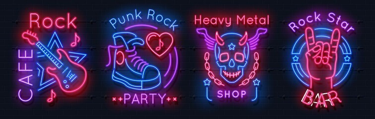 Rock music neon sign. Realistic luminous signboards. Billboards of music cafe or bar. 3D glowing banners hanging on wall. Vector night club emblem with guitar and human skull or hand