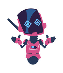 Futuristic robot. Cartoon cute android character in pink colors, scientific innovation and cyber technology, electronic talisman, automatic bot, voice assistant symbol vector illustration
