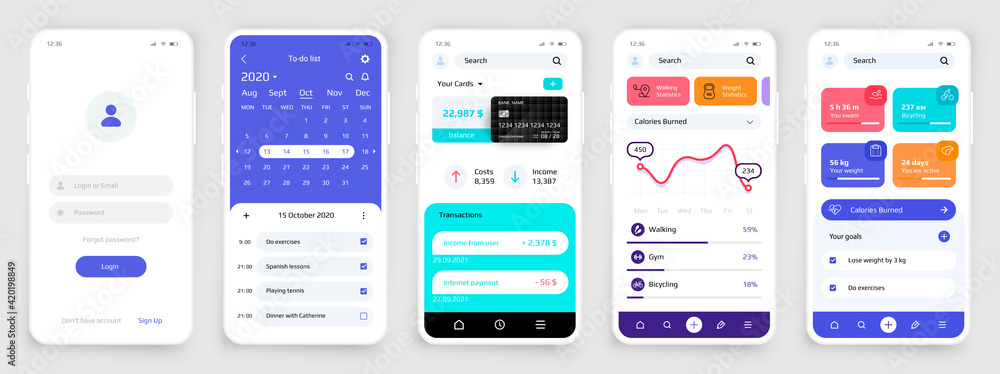 Poster Smartphone UI. Realistic phone touchscreens for sport and banking application. Interface of planner app or account registration form with login and password. Vector screen mockups set