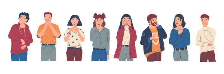 Surprised people. Excited and wondered characters with raised hands and happy faces. Young men and women feeling astonishment. Amazed persons set standing in row. Vector expression