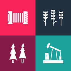 Set pop art Oil pump or pump jack, Christmas tree, Wheat and Accordion icon. Vector