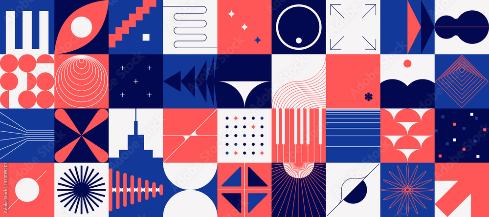 Poster Brutalism shapes. Abstract minimal background. Composition of red and blue geometric figures in squares. Decorative modernism design elements. Vector flat forms or concentric circles