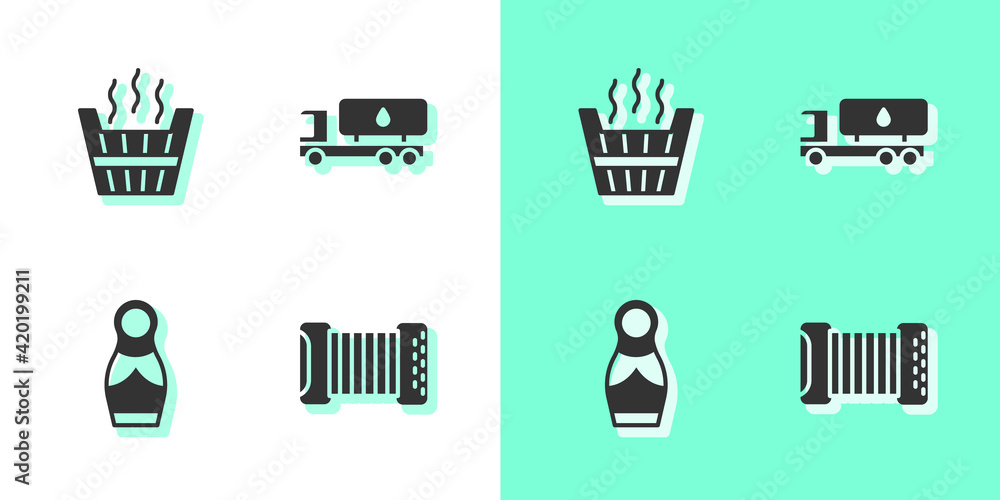 Wall mural Set Accordion, Sauna bucket, Russian doll matryoshka and Tanker truck icon. Vector