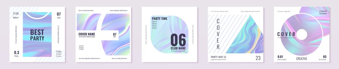 Holographic banners. Square social media post with iridescent rainbow foil texture. Neon purple and pink 90s futuristic templates. Abstract hologram cover. Vector trendy poster set