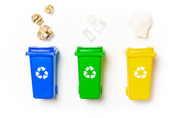 Bin collection. Yellow, green, blue dustbin for recycle plastic, paper and glass can trash isolated...