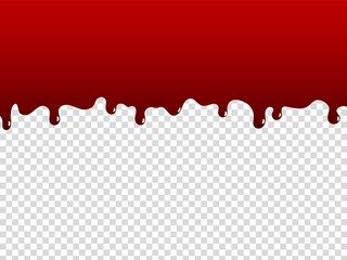 Liquid paint. Cartoon red dripping stain. Oozing bloody border on transparent background. Fluid wave, flowing blood template. Flat style horizontal melted substance. Vector scary mockup