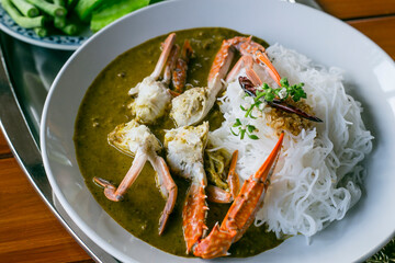 
Food Concept: Southern Thai dish of Crabmeat Curry traditionally served with fermented rice noodle