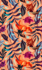 Seamless tropical flower, plant and leaf pattern background
