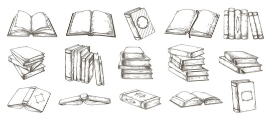 Hand drawn books. Black and white pencil sketch of retro publications in hardcover. Opened or closed textbooks with ribbon bookmarks, stacks of notebooks. Vector vintage literature set