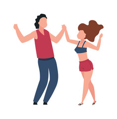 Dancing couple. Cartoon pair of dancers. Cute people moving to music at disco party or romantic date. Man and woman spend leisure time together. Musical festival, vector illustration