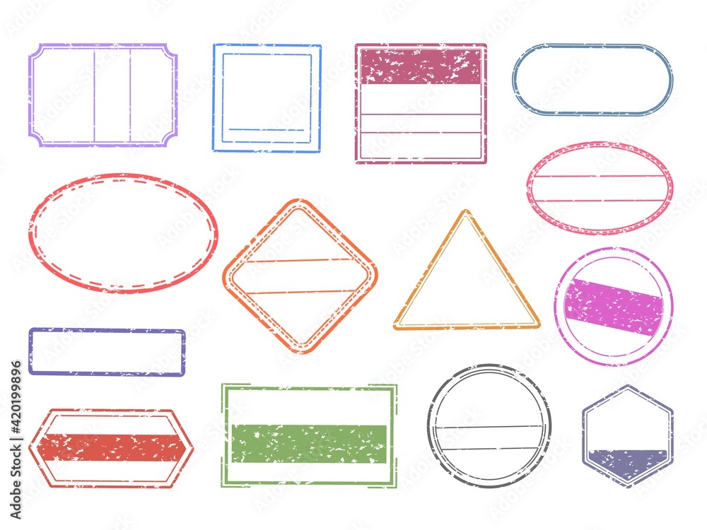 Poster Grunge stamp. Blank geometric stamps. Ink imprints set with copy space. Round, square or triangular impress of rubber signs. Empty seals and labels mockup for branding, vector frames