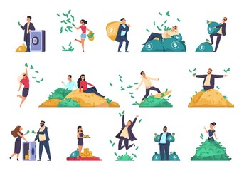 Rich people. Successful characters throwing banknotes in air. Millionaires with safes and bags full of money. Cute persons sitting on heaps of banknotes, gold bars or coins, vector set