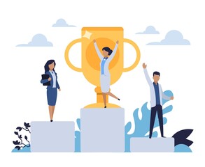 Business success. People standing on winner stepped pedestal. Leadership concept. Characters achieve victory in competition. Workers with golden cup. Vector rewarding office employees