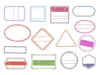Grunge stamp. Blank geometric stamps. Ink imprints set with copy space. Round, square or triangular impress of rubber signs. Empty seals and labels mockup for branding, vector frames