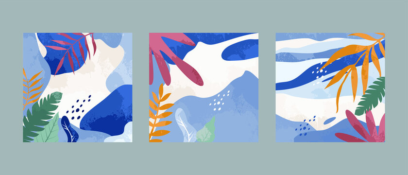 Set 3 illustration vector EPS 10 print hand draw painted abstract shapes dodles contemporary aesthetic boho mid century modern art with plant botanical gardens Scandinavian nordic design style