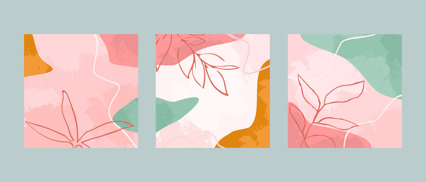 Set 3 illustration vector EPS 10 print hand draw painted abstract shapes dodles contemporary aesthetic boho mid century modern art with plant botanical gardens Scandinavian nordic design style