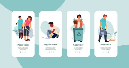 Recycle rubbish mobile application. People sorting plastic and glass waste, collecting trash in parks. Characters cleaning littered areas. Smartphone app interface, vector UI design
