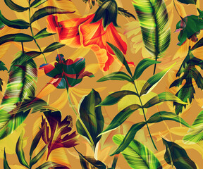 Seamless tropical flower, plant and leaf pattern background