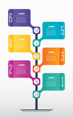 Vertical Timeline or infographics with 6 options. Development and growth of the business. Time line of trends. Business presentation concept of 6 parts, steps or processes. Vector.