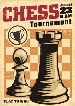 Vintage poster template for chess tournament with rook and pawn on chess board. Retro sign design. Chess vector.