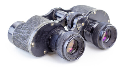 Old military binoculars close-up. Soft focus.