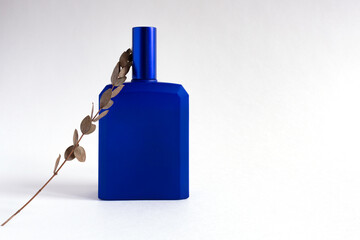 Blue bottle of perfume with dried twig on white background