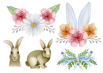 Watercolor floral set of bouquets. Spring flowers and pussy-willow. Hand painted watercolor cartoon illustration. Floral Easter bouquets. Hand drawn holiday background.
