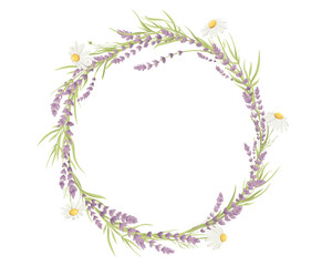 Summer bouquet. Birthday or Wedding cards. Vector design element, wreaths of lavender and chamomile, medicinal herbs.