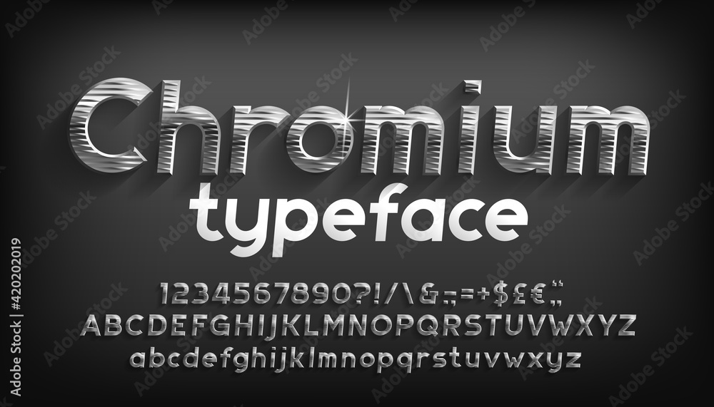 Poster chromium alphabet font. beveled metal letters, numbers and punctuation with shadow. stock vector typ
